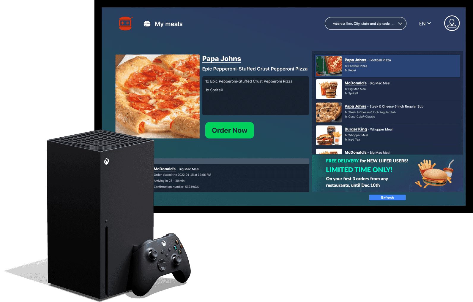 food delivery from xbox console app